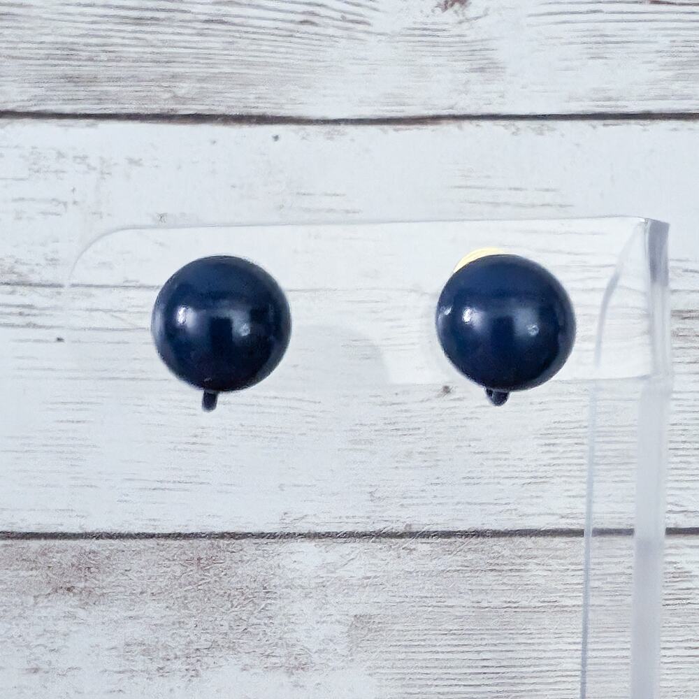 Vintage Clip On Earrings - 0.5" Dark Blue - Clip Repair Needed